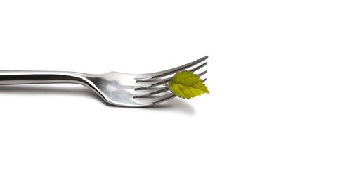 Fork and green leaf on white empty horizontal background. Vegan concept.
