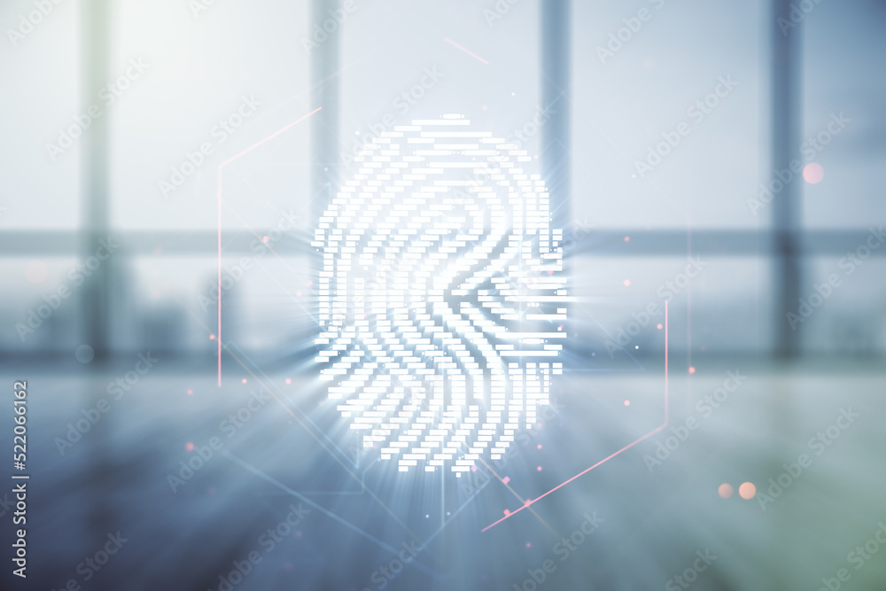 Poster multi exposure of virtual creative fingerprint hologram on empty corporate office background, person