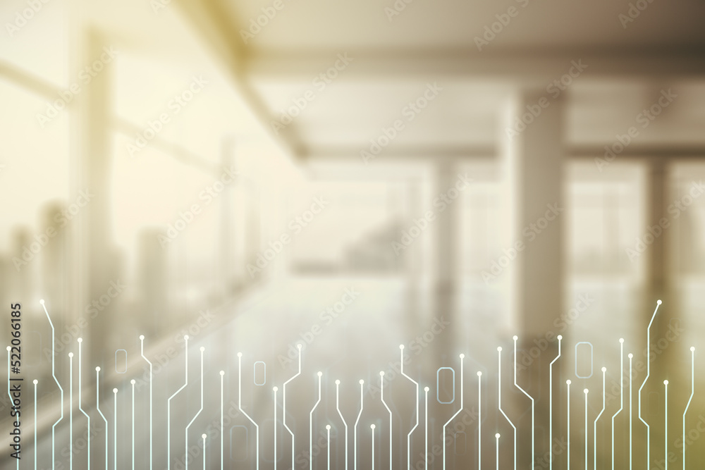 Aufkleber Double exposure of abstract virtual circuit hologram on empty modern office background. Research and development hardware concept