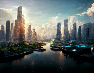 A futuristic city or city of the future from science fiction at sunset with the skyscrapers lighten...
