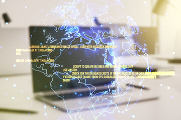 Multi exposure of abstract software development hologram with world map on laptop background, global research and analytics concept