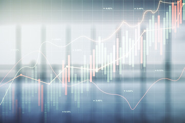 Multi exposure of virtual creative financial chart hologram on empty modern office background, research and analytics concept