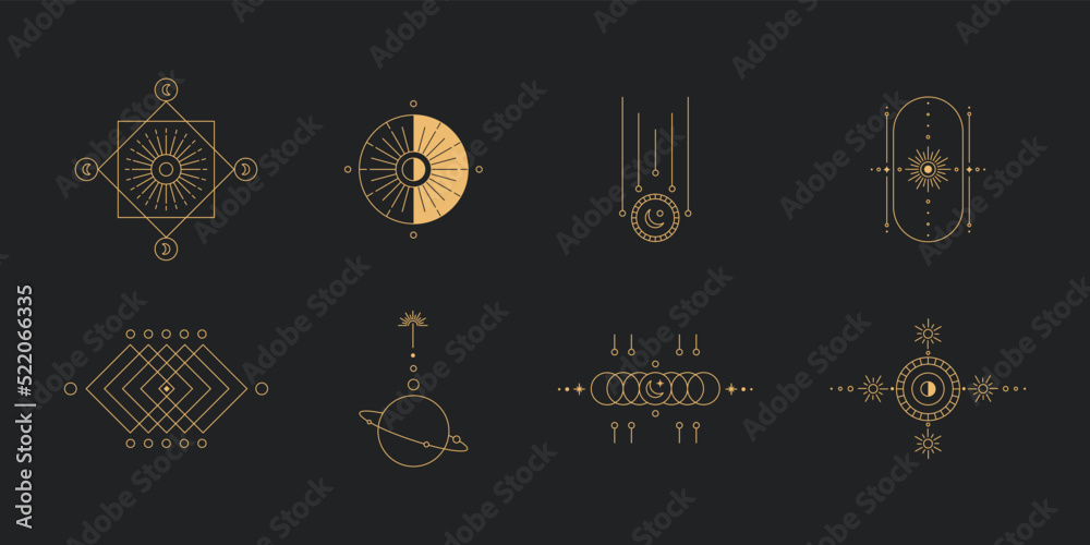 Wall mural set of moon and sun line art. minimal boho linear symbols. celestial mystic element. vector line art