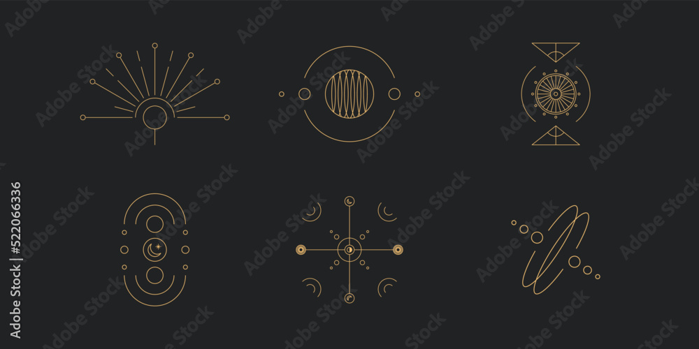Sticker set of moon and sun line art. minimal boho linear symbols. celestial mystic element. vector line art