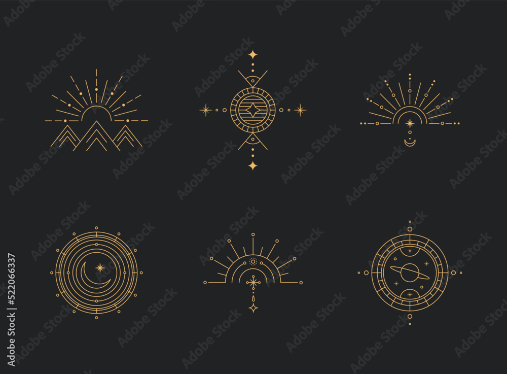 Poster set of moon and sun line art. minimal boho linear symbols. celestial mystic element. vector line art