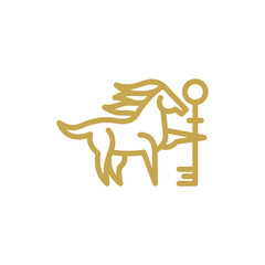 Royal Horse key logo. Elegant gold horse line icon. Luxury vintage royalty emblem. Brand identity design element symbol. Vector illustration.