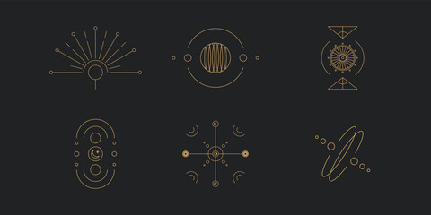 Set of moon and sun line art. Minimal boho linear symbols. Celestial mystic element. Vector line art illustration. © 7AM