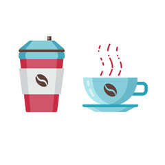 Fresh Hot Coffee Cups Icons in Flat