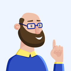 the isolated flat bold man with beard in the blue sweater