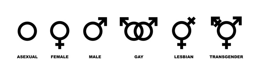 Gender and sexuality orientation icons - Vector set of woman, man, male, female, gay, lesbian, transgender symbols logos