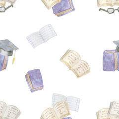 Books and glass isolated on white. Seamless pattern.