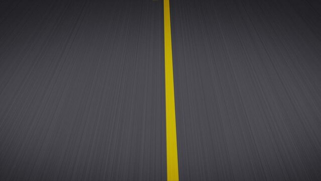 Fast driving on the night road - computer generated loopable animation. Continuous and broken yellow lines in the center of the road. Seamless looping animation.