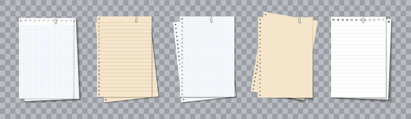 Note pad. Paper sheets for memo. Different notebook with clip. Notepaper with lines and grid. Papers of notepad for note, notice and text. Realistic cards isolated on transparent background. Vector