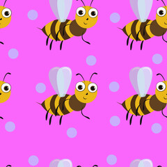 seamless pattern illustration of a bee on a lilac background. Design element for printing on children's clothes, dishes, napkins, for a holiday, wrapping paper.