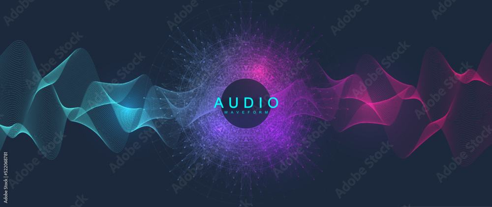 Poster Audio. Sound music wave visualiztion with warped waveform. 3D sound solid waveform design. Voice sample pattern