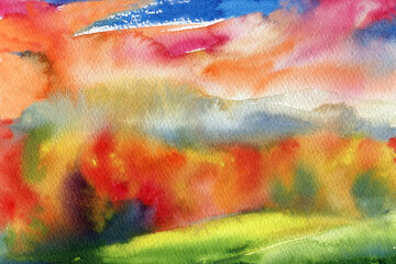 Abstract Landscape, Autumn Forests. Watercolor autumn 