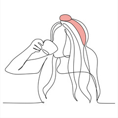 Continuous line drawing. A woman is relaxing with a cup of tea. Vector illustration.