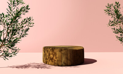 Wooden podium with tree foliage - 3D render