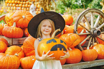 child girl als little cute witch with pumpkin outdoors at a farm fair - obrazy, fototapety, plakaty