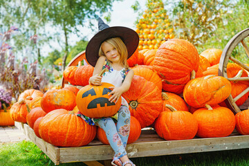 child girl als little cute witch with pumpkin outdoors at a farm fair