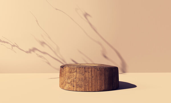 Wooden podium with shadow of tree branch - 3D render