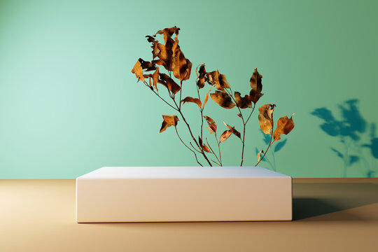 Autumn leaves with a rectangular podium - 3D render