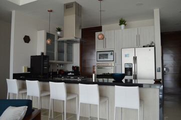 Modern wooden kitchen, with black or gray granite bar, with tile backsplash, light floor.