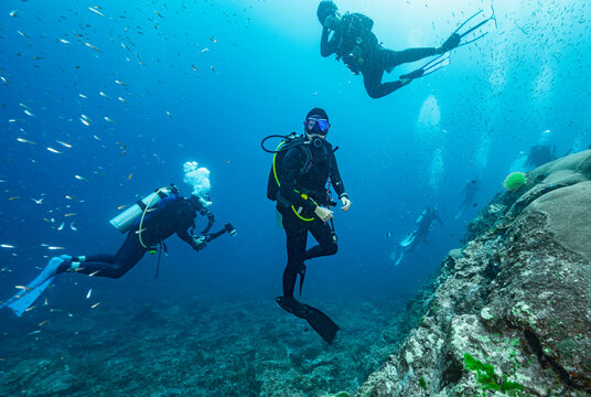 divers in the tropical waters of the Andaman Sea in Thailand
