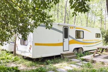 Summer journey to campground in forest. Leisure and relaxation with family or friends during weekends or holidays