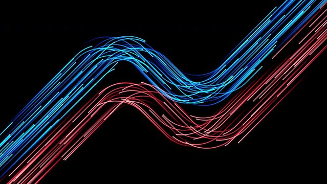 Optic lines flow stream - abstract CG red-blue lines background. Glowing lines moving - fiber optic cable, digital information concepts. Seamless looping animation.