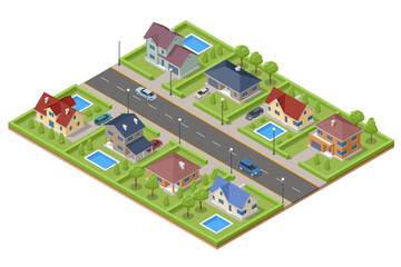 Isometric own street with private houses, gardens, cars. Modern house with terrace and pool. Suburban and village houses, homes.