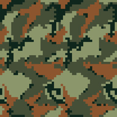 
Digital camo green pixelated seamless print, military uniform. Forest print.