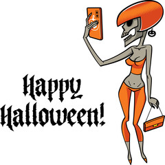 Fashionable zombie woman taking a picture of herself on her phone - happy Halloween holiday image. Scary and spooky character, illustration for greeting card. Isolated on white background.