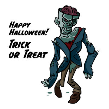 Zombie with a broken skull and brains out - happy Halloween holiday image. Scary and spooky character, illustration for greeting card. Isolated on white background.