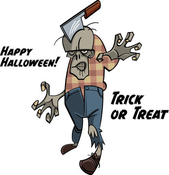 Zombie with a cleaver in his head - happy Halloween holiday image. Scary and spooky character, illustration for greeting card. Isolated on white background.