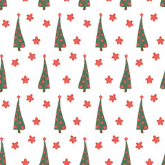 Seamless pattern with cute childish christmas trees with red stars Stylized hand drawn design Vector illustration in flat cartoon style for wrapping paper, textile, fabric and packaging decoration 