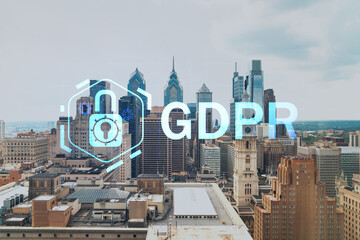 Aerial panorama city view of Philadelphia financial downtown at day time, Pennsylvania, USA. GDPR hologram, concept of data protection regulation and privacy for all individuals in EU Area