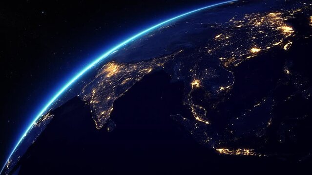 Animation of Spinning Earth Seen From Space, From Asia to Europe. Cities with Lights. 3d Animation.