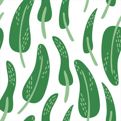 Seamless pattern with green textured leaves. Vector tropical summer background