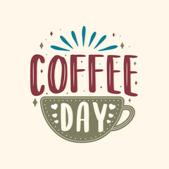Fototapeta na wymiar International coffee day. Hand drawn vector logotype with lettering and cappuccino with background.
