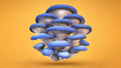 3D render of oyster mushrooms blue fresh and stylized into an isolated cluster bouquet 