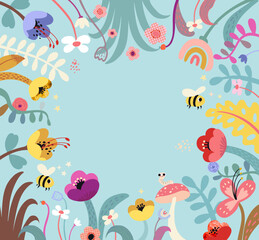 Fototapeta na wymiar Floral spring banner with the space for your text. Bee, flowers, plants, cute rabbits and bunnies in pastel colors. Modern minimalist poster, greeting card, header for website