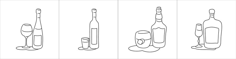 Wine vodka whiskey liquor bottle and glass outline icon on white background. Black white cartoon sketch graphic design. Doodle style. Hand drawn image. Party drinks concept. Freehand drawing style