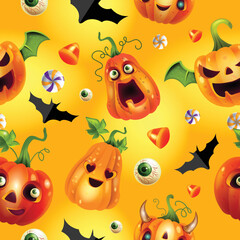 Halloween pumpkin seamless pattern, decorative autumn magic texture, holiday crazy face spooky print. Funny character expression, cartoon cute face repeat background. Halloween pumpkin design, sweets.