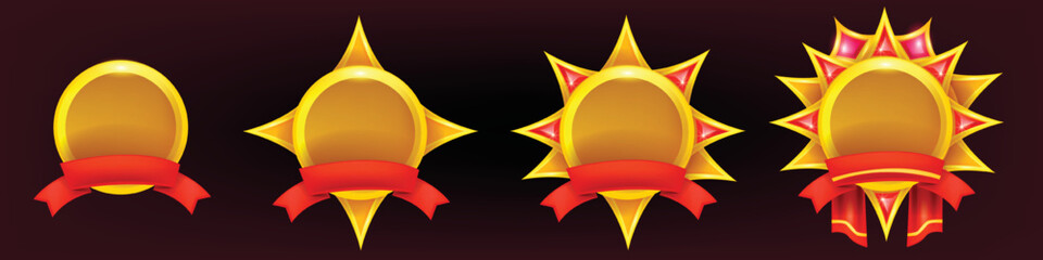 Game badge medal set, UI level up frame icon, golden ranking award, red ribbon, winner gift star. Coni achievement asset kit, casino bonus symbol, victory trophy emblem. Quality game badge collection