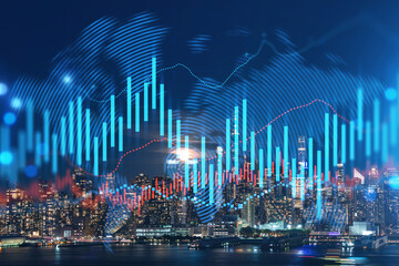Obraz na płótnie Canvas Skyscrapers Cityscape Downtown View, New York Skyline Buildings. Beautiful Real Estate. Night time. Forex Financial graph and chart hologram. Business education concept.