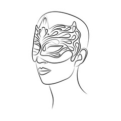 Person in mask of Columbine. Holiday mask for face cover at carnival or masquerade. Festival costume part for brazil festive or venice mardi gras. Decoration for face at theater, opera. Sketch drawing