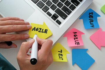 laptop and agile tickets around, project or product management, agile methodology. woman in the...