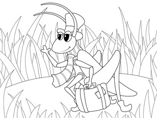 Children coloring, grasshopper in clothes with a suitcase, a meadow with grass.