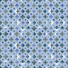 Autumn abstract seamless vector pattern with stylised flowers and circles in blue, green and violet. Decorative geometric floral grid texture for wallpaper, prints, fashion fabrics and home decor.